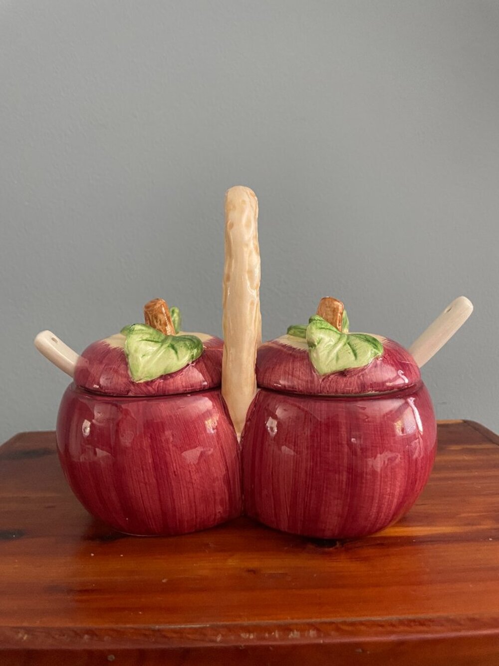 Vintage Ceramic Jelly Jam Condiment Holder Container Apples Lids Spoons
